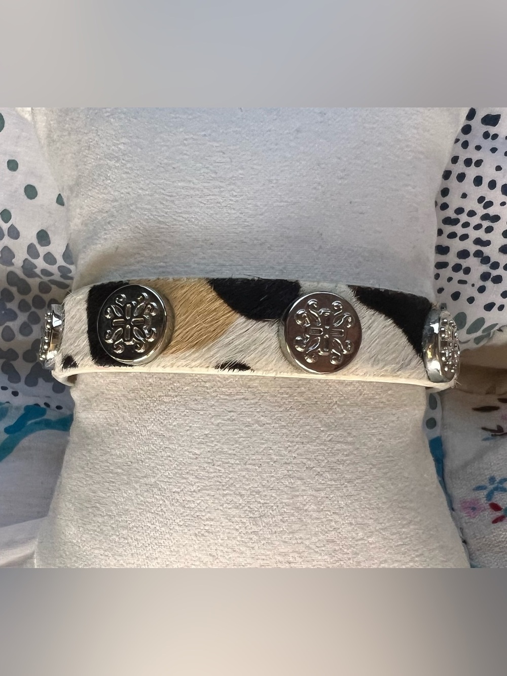 Rustic Cuff Calf-hair Animal Print Wrap Bracelet with Silver Logo Medallions